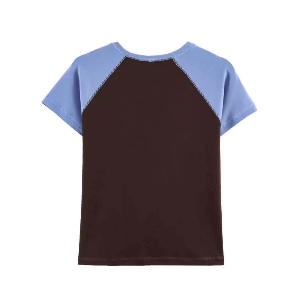ZARA Summer Simple Versatile Blue Brown Two Tone Raglan T Shirt